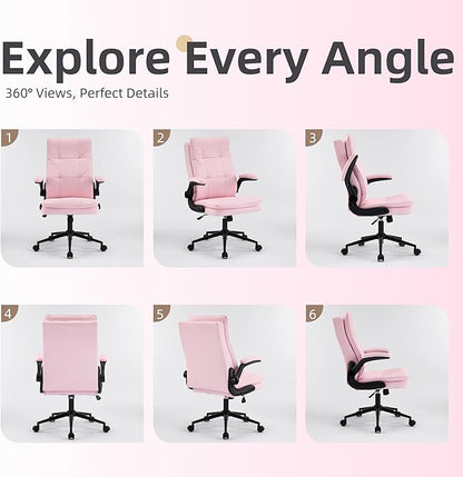 VINGLI Comfy Pink Leather Office Desk Chair,High-Back Ergonomic Computer Small Gaming Chair with/No Wheels,Adjustable Height,Flip-Up Arms,360° Swivel for Vanity,Home Office,Adults,Teen,Girls&Women