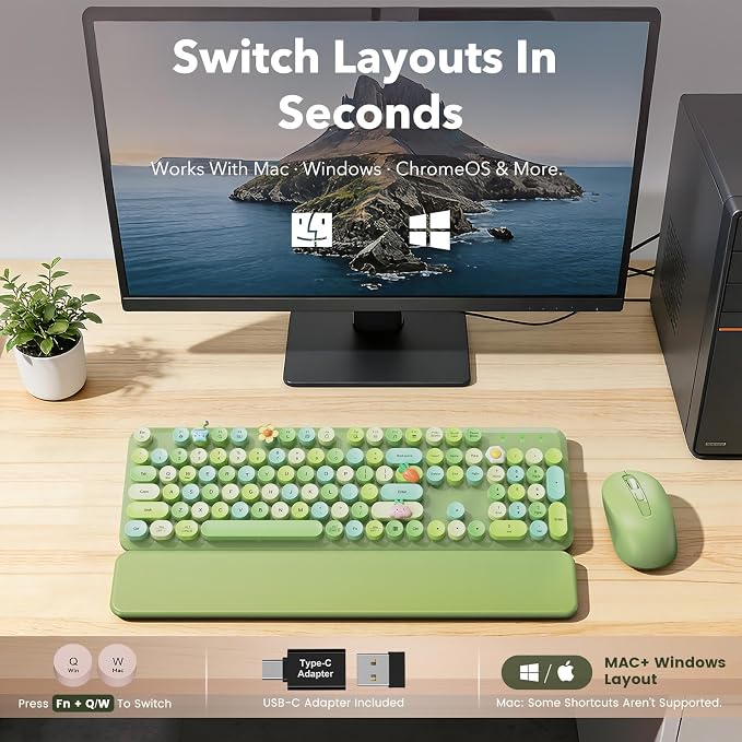 Wireless Keyboard and Mouse Combo, Cute Retro Typewriter Keyboard with Round Keycaps and Magnetic Wrist Rest, Full-Size 2.4GHz Cordless for Mac, Windows PC, Laptop, SABLUTE CK23, Green Multi-Color