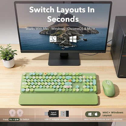 Wireless Keyboard and Mouse Combo, Cute Retro Typewriter Keyboard with Round Keycaps and Magnetic Wrist Rest, Full-Size 2.4GHz Cordless for Mac, Windows PC, Laptop, SABLUTE CK23, Green Multi-Color