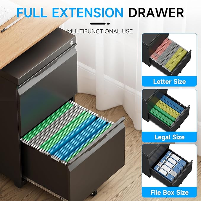 2 Drawer Mobile File Cabinet with Lock, Metal Filing Cabinet, Under Desk Rolling Small Filing Cabinet with Wheels for Home Office Storage, Fits Legal/A4/Letter/Document Size, Required Assembly, Black