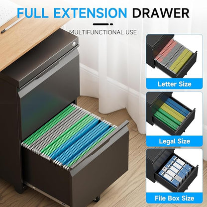 2 Drawer Mobile File Cabinet with Lock, Metal Filing Cabinet, Under Desk Rolling Small Filing Cabinet with Wheels for Home Office Storage, Fits Legal/A4/Letter/Document Size, Required Assembly, Black