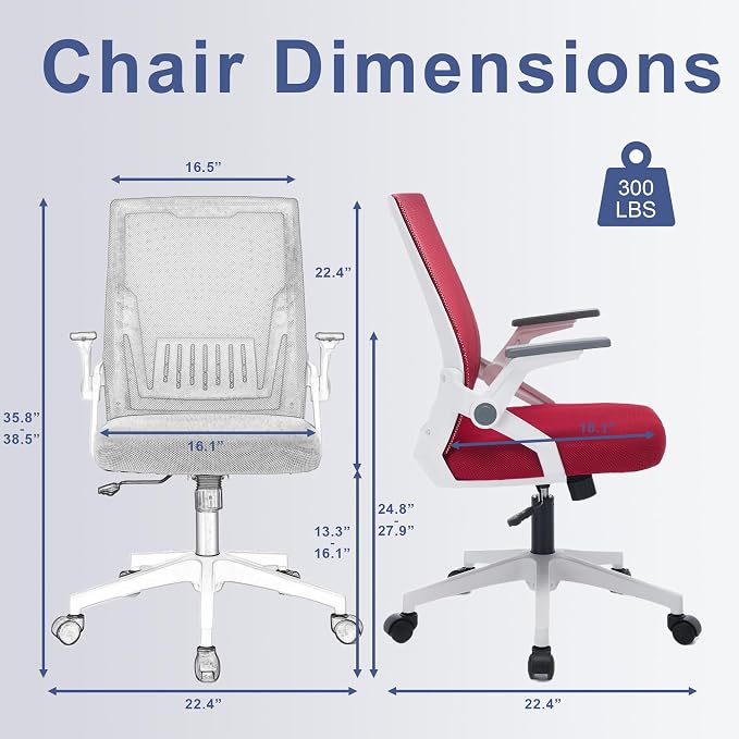 Ergonomic Office Chair with Flip-Up Arms, Small Desk Chair with Breathable Mesh Back, Home Office Desk Chair that Saves Space, Compact Swivel Computer Chair