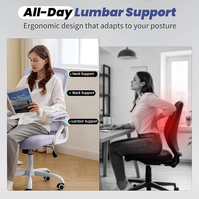 Executive Office Chair with Adjustable Lumbar Support Flip-Up Arms,Lavender | Executive Mesh Office Chair with Adjustable Lumbar Support, Flip-Up Arms, Thick Foam Seat, Swivel Rolling Chair, 400lbs