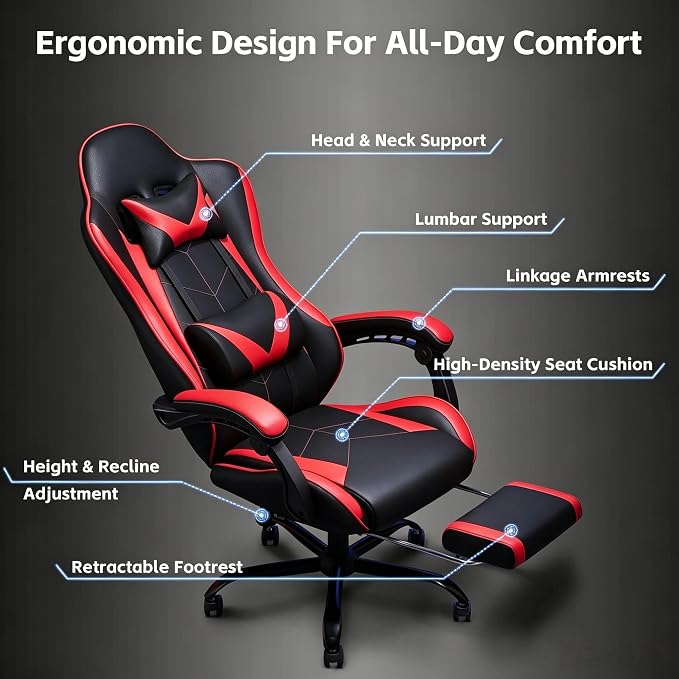 Gaming Chair, Ergonomic Computer Chair with Footrest and Lumbar Support, Height Adjustable Video Game Chair with 360° Swivel Seat and Headrest for Office, Home, Streaming and Gaming (Red)