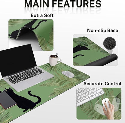 Britimes Sage Olive Green Leaves Keyboard Mouse Pad Set Funny Cute Cat 4in1 Large Mousepad+Keyboard Wrist Rest+Mouse Wrist Rest+Coaster Ergonomic Design for Home Office Computer 35.4x15.7 inches