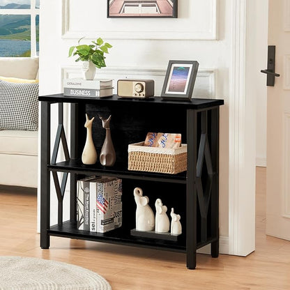 HOMISSUE Bookshelf, 3-Tier Rustic Short Bookshelf, Industrial Shelf Bookcase with Engineered Wood Shelves, Low Bookcase with Storage, Small Shelf for Living Room, Bedroom and Office, Black
