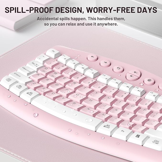 Wireless Keyboard and Mouse Combo,2.4G Full Size Ergonomic Curved Silent Keyboard with Fn Multimedia Keys for Office and Home, 3-DPI Quiet Mouse for Windows,Mac OS Desktop/Laptop/PC (Light Pink-A)