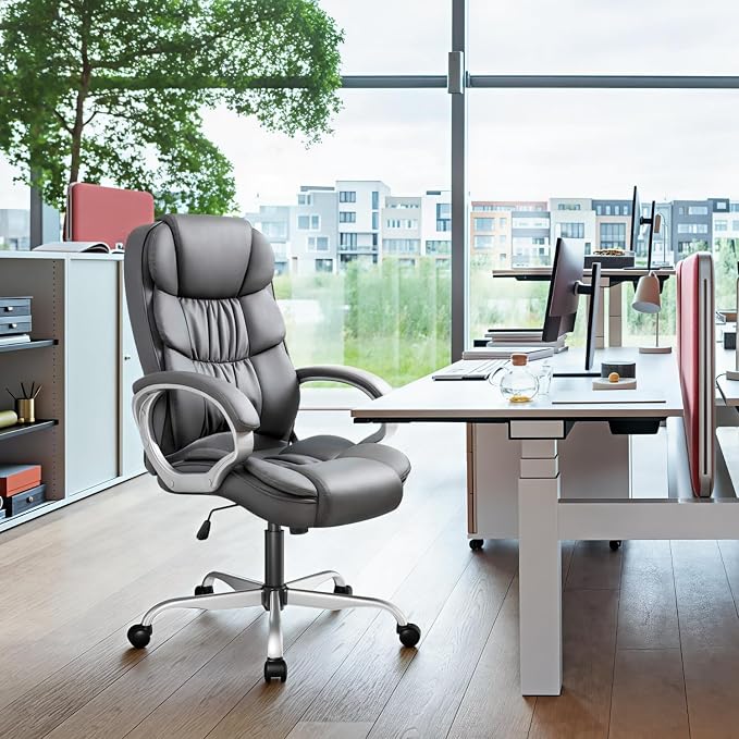 GUNJI Office Chair PU Leather High Back Executive Chair Ergonomic Computer Chair, Modern Adjustable Home Desk Chair Swivel Managerial Chair with Padded Armrests and Lumbar Support (Gray)