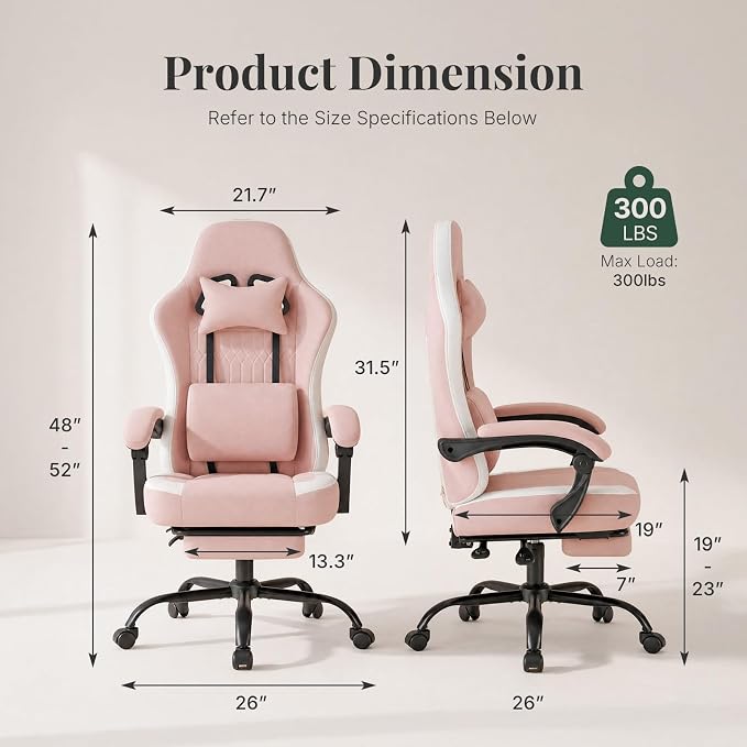 Computer Gaming Chair - High Back Ergonomic Desk Chair with Footrest and Lumbar Support, Height Adjustable Task Chair with Linkage Armrests and Headrest, 360° Swivel Wheels, Pink