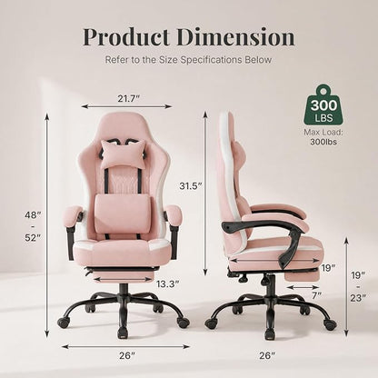 Computer Gaming Chair - High Back Ergonomic Desk Chair with Footrest and Lumbar Support, Height Adjustable Task Chair with Linkage Armrests and Headrest, 360° Swivel Wheels, Pink