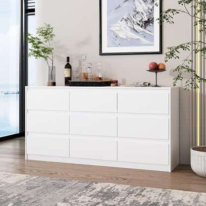 Home Office Cabinet with 9 Storage Units, 63” Lateral File Cabinet with No Handle Drawers, Wide Storage Cabinet, White, 15.7”D x 63”W x 31.5”H