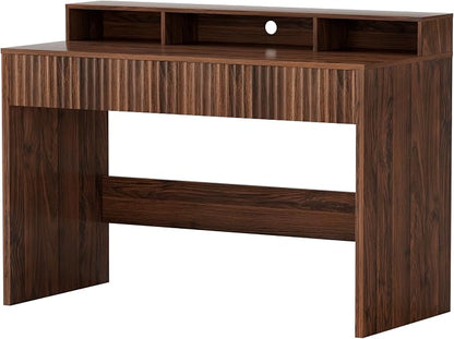 EYYTHUNG Fluted Executive Desk with Storage Shelf, 47" Modern Wood Home Office Desk with Long Monitor Stand & 2 Drawers, Writing Study Computer Table Vanity Desks, Brown