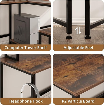 Mexin 2 Person Desk-83.7 Inch Double Computer Desk with Monitor Stand and Power Outlets, Office Desk with Storage Shelves, Long Desk for Home Office, Rustic Brown