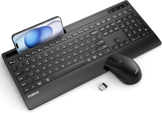 Inateck Wireless Keyboard and Mouse Combo, Full-Size Keyboard with Wrist Rest, Phone Holder, 2.4 GHz Wireless/Bluetooth Silent, Compatible with Computer, Laptop, PC, Mac, Windows