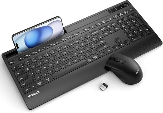 Inateck Wireless Keyboard and Mouse Combo, Full-Size Keyboard with Wrist Rest, Phone Holder, 2.4 GHz Wireless/Bluetooth Silent, Compatible with Computer, Laptop, PC, Mac, Windows