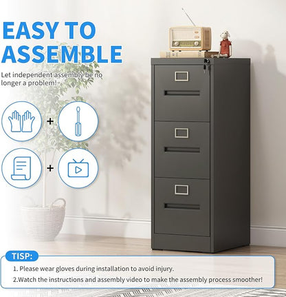 3 Drawer File Cabinet, Vertical File Cabinet with Lock, Metal Locking Filing Storage Cabinet for Home Office, Hanging Files for A4/ Legal/Letter, Assembly Required, Black