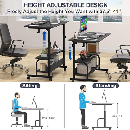 Armocity Rolling Standing Desk with Charging Station, Portable Height Adjustable Mobile Computer Desk with Wheels & 2-Tier Shelves & Hooks, Easy Assembly Laptop Table for Couch Bed, 32" Black