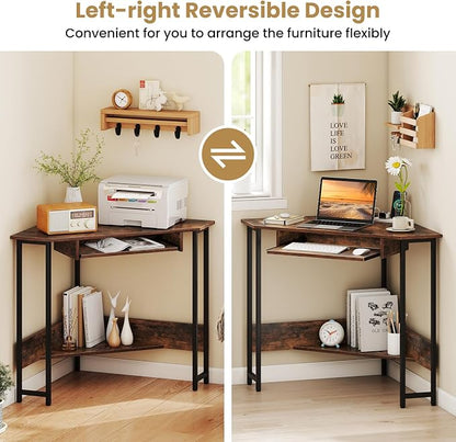 Giantex Small Corner Desk with Charging Station, Triangle Computer Desk with Keyboard Tray & Storage Shelf, Metal Corner Writing Desk for Bedroom, Small Space, Home Office, Black & Rustic Brown