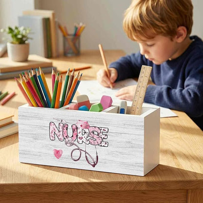 Pink Nurse Office Pencil Pen Holder for Desk Organizer, Nursing Week Gifts, Nurse Appreciation Gifts, Gift for Nurses Female Women Wooden Box Decorations for Office Desk Tabletop Decor
