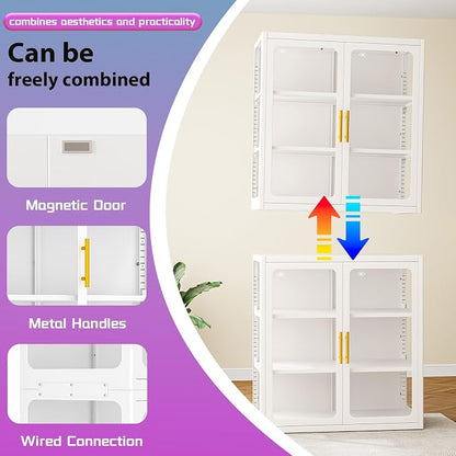 PAOFIN 34" Display Cabinet with Glass Doors, Curio Cabinet with Many Color Lights for Collectibles, Glass Display Case, Bookcase with 2 Shelves, Storage Cabinets, Assembly Required White