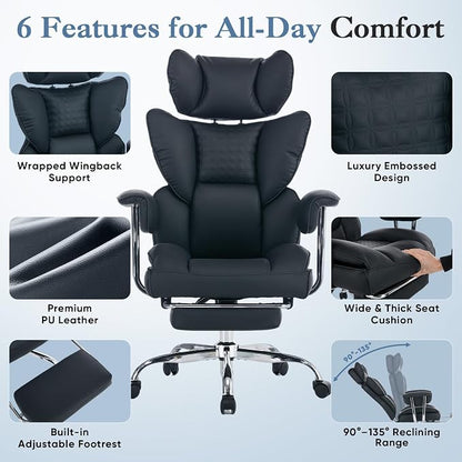 DUMOS Big and Tall Office Chair 400 LBS, Scratch-Resistant PU Leather Executive Office Desk Chair with Footrest, Ergonomic Reclining Computer Chairs with Pocket Spring Support, Black