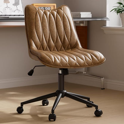 Armless Office Chair, Swivel Rolling Leather Desk Chair, Brown | Waterproof Upholstery, Padded Seat, 15° Relaxing Tilt, 330 LBS Capacity, for Bedroom Vanity and Computer Work