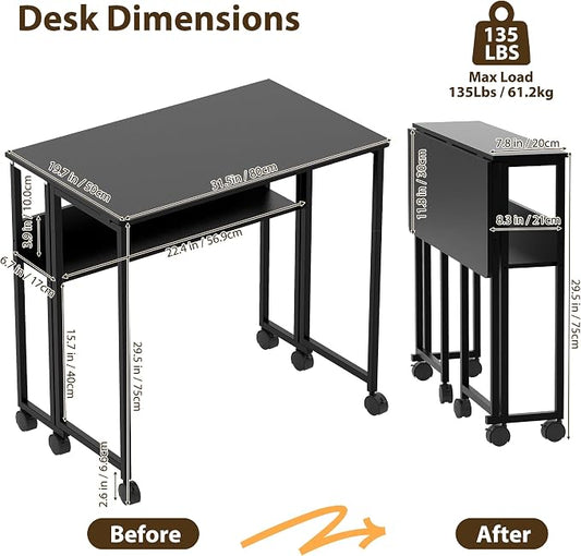 31.5" Folding Desk Rolling Desk with Storage Shelf,Space-Saving Foldable Computer Desk with Wheels,Portable Mobile Couch Sofa Side Table for Small Spaces, Home Office, Study, Easy Assembly,black