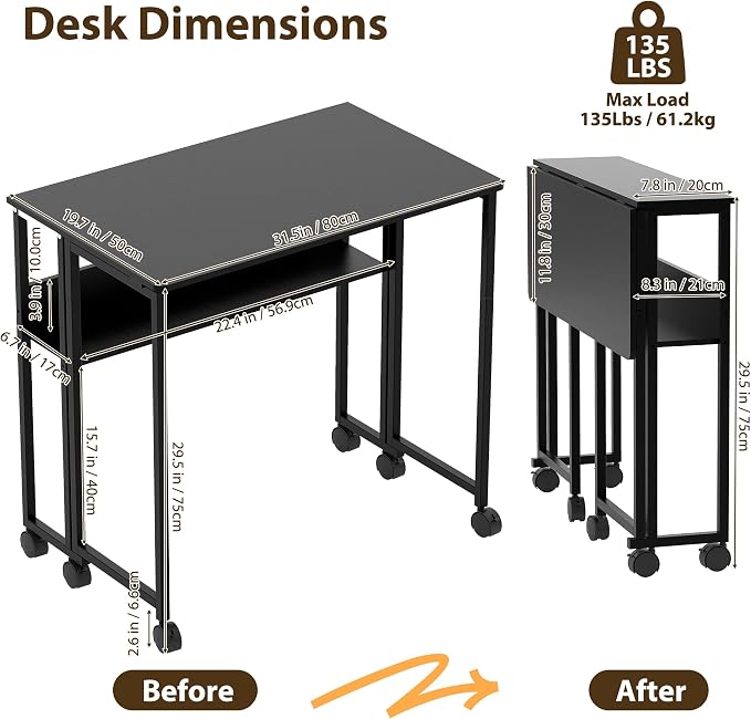 Folding Desk Small Rolling Desk with Storage Shelf,31.5 Inch Foldable Computer Table with Wheels,Portable Office Desk for Small Space Sofa Table,Easy to Fold,Writing Work Office Computer Desk,Black