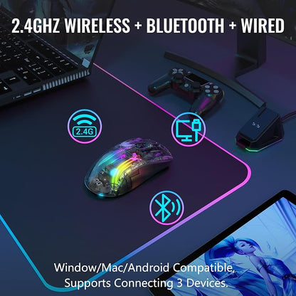 ATTACK SHARK X2 Pro Wireless Gaming Mouse with RGB Charging Dock,Tri-Mode PC Gaming Mice 2.4G/Bluetooth/Wired,Noiseless Mouse RGB Backlit,Transparent Shell,PixArt 3212 4000 DPI,for Win/MAC,Black
