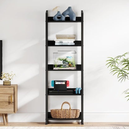 Hosfais 5 Tier Tall Bookshelf: Industrial Wood Book Shelf with Edge Protection Metal Narrow Bookshelf Bookcase Storage Organizer Display Rack for Living Room Home Office (Black)