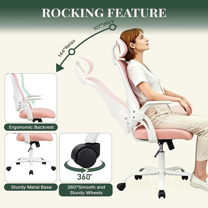 Ergonomic Office Chair, Comfy Desk Chair with Wheels, Adjustable Headrests, Flip-Up Armrests, Breathable Mesh High-Back, Comfortable Swivel Seating for Home Computer, Pink