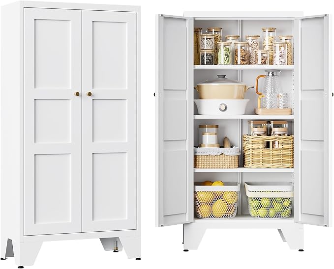Metal White Storage Cabinet with 2 Doors and 3 Adjustable Shelves, 47.3" Tall Kitchen Pantry cabinets, Modern Food Pantry Cabinet,4 Tier Freestanding Framed Panel Door Cupboard for Kitchen Dining Room