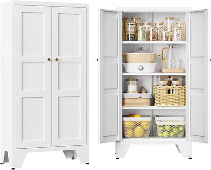 Metal White Storage Cabinet with 2 Doors and 3 Adjustable Shelves, 47.3" Tall Kitchen Pantry cabinets, Modern Food Pantry Cabinet,4 Tier Freestanding Framed Panel Door Cupboard for Kitchen Dining Room