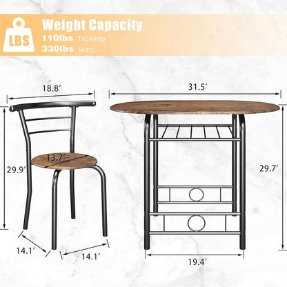 JUMMICO 3-Piece Wooden Round Table & Chair Set, Space Saving Kitchen Breakfast Nook Wood Grain Tabletop with Metal Frame and Built-in Wine Rack for Kitchen, Dining Room (Brown/Black)