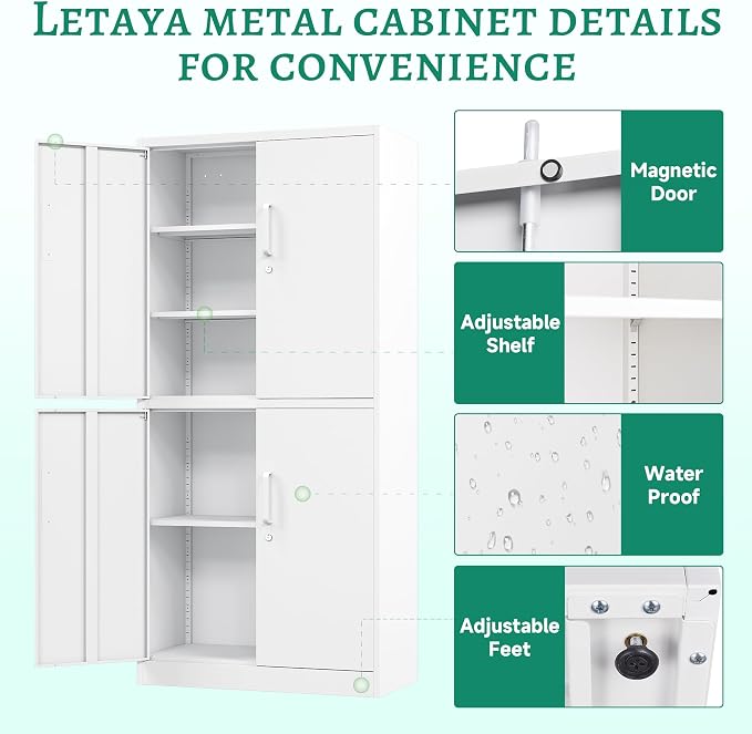 Letaya Metal Storage Cabinet with Lock Door, Adjustable Shelf Steel Cabinets for Office, Home,Pantry,Kitchen,Garage Utility Cabinet (4 Door-White)