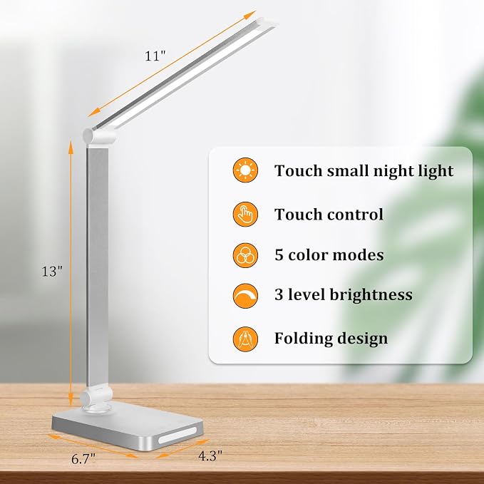 Dott Arts LED Desk Lamp with USB Ports,Touch Desk Lamps for Home Office with 5 Color Modes,3 Brightness Desk Light with Small Night Light,Reading Lamp Table LED Lamp for Bedroom Bedsid Study Sliver