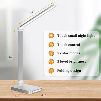 Dott Arts LED Desk Lamp with USB Ports,Touch Desk Lamps for Home Office with 5 Color Modes,3 Brightness Desk Light with Small Night Light,Reading Lamp Table LED Lamp for Bedroom Bedsid Study Sliver