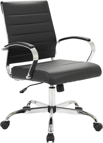 LeisureMod Benmar Leather Office Desk Chair, Mid-Back Ergonomic Swivel Chair with Lumbar Support, Adjustable Height, Tilt Lock, Cushioned Seat & Back, Home Office Task Chair (Black, Single)