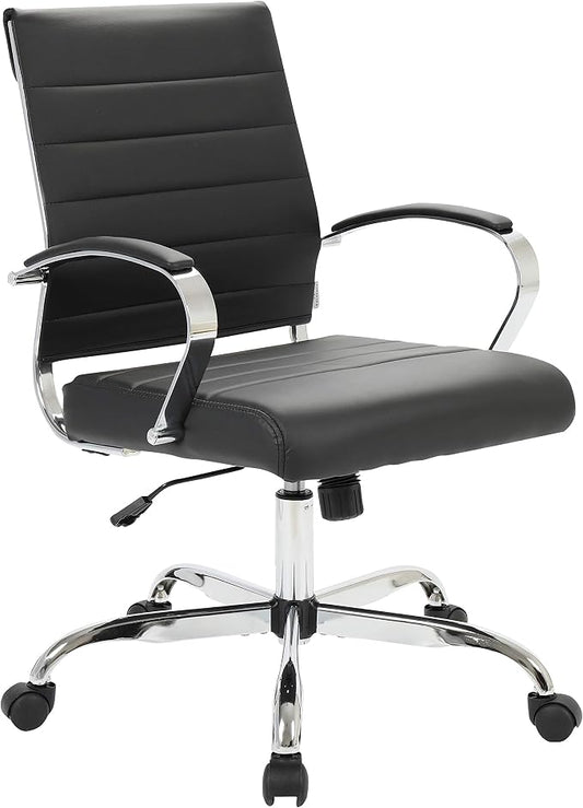 LeisureMod Benmar Leather Office Desk Chair, Mid-Back Ergonomic Swivel Chair with Lumbar Support, Adjustable Height, Tilt Lock, Cushioned Seat & Back, Home Office Task Chair (Black, Single)