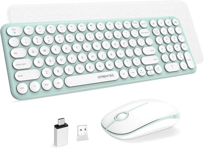 Wireless Keyboard and Mouse Combo,XTREMTEC 2.4GHz Quiet Slim Cute Round Keycap Compact Size Green Kawaii Cordless Retro Keyboard Mouse Set Home Office Accessories for Mac/Windows(Macaron Green)