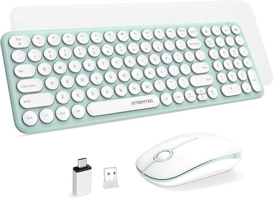 Wireless Keyboard and Mouse Combo,XTREMTEC 2.4GHz Quiet Slim Cute Round Keycap Compact Size Green Kawaii Cordless Retro Keyboard Mouse Set Home Office Accessories for Mac/Windows(Macaron Green)