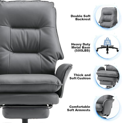 Big and Tall Office Chair 500LBS, Ergonomic Gaming Chair Reclining Office Chair with Foot Rest for Adult,Pu Leather Computer Desk Chair with Adjustable Armrests for Home Living Room,Grey