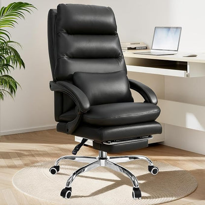 Holiwei Office Chair with Footrest, Big and Tall 400lbs Executive Desk Chair with Thickened Lumbar Support Pillow, High Back PU Leather Reclining Computer Chair, Ergonomic Swivel Task Chair, Black