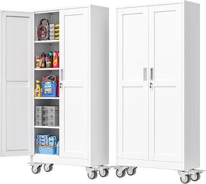 PAOFIN 71''H Tall Metal Garage Storage Cabinet with Wheels,Steel File Cabinets with 2 Doors and 4 Adjustable Shelves for Home Office, Warehouse, Required Assembly,White