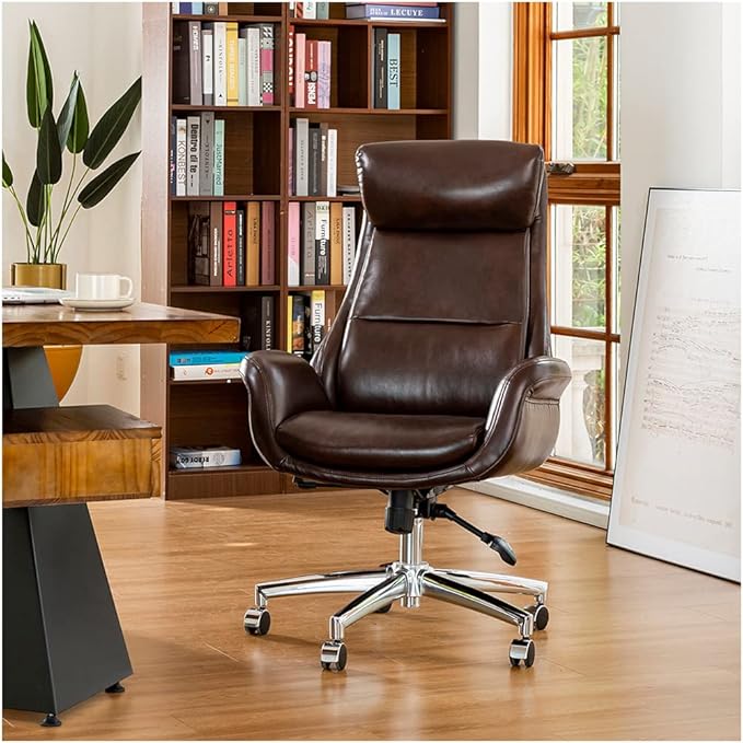 Glitzhome PU Leather Adjustable High-Back Office Chair Home Executive Armrest Swivel Chair, Brown