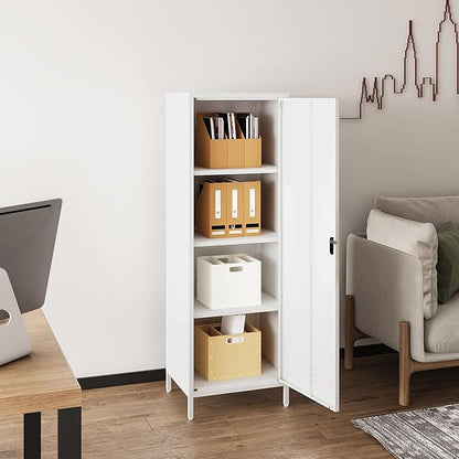 Steehoom Metal Locker Cabinet with Lock, Lockable Steel File Locker with Door and 3 Adjustable Narrow Storage Cabinet Shelves for Living Room, School, Pantry, Garage, Office (White, H59.06'')