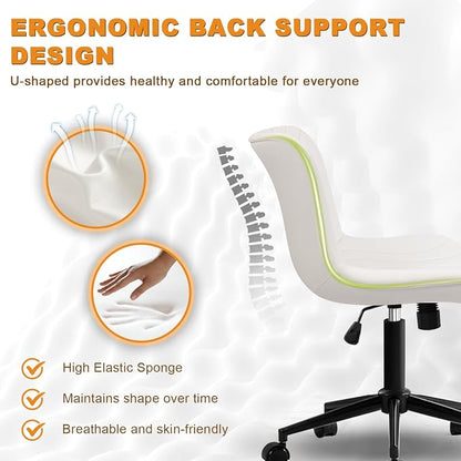 Armless Office Chair, Height Adjustable Desk Chair with Wheels, Ergonomic Comfy 360° Swivel Home Office Computer Task Chair, Faux Leather Padded Cute Vanity Chair, White