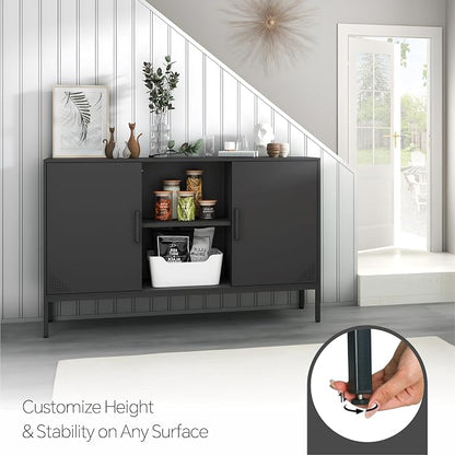 Steehoom Metal TV Cabinet with Doors and Shelves, Modern Metal Storage Cabinet, Coffee Bar TV Stand for Office, Living Room, Kitchen, Diningroom (Black, 47.24" D x 13.78" W x 29.53" H)