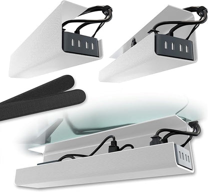 No-Screw Under Desk Cable Management Tray - Self-Adhesive Installation, Cord Management, Cable Tray, Under Desk Wire Organizer - White Set of 2