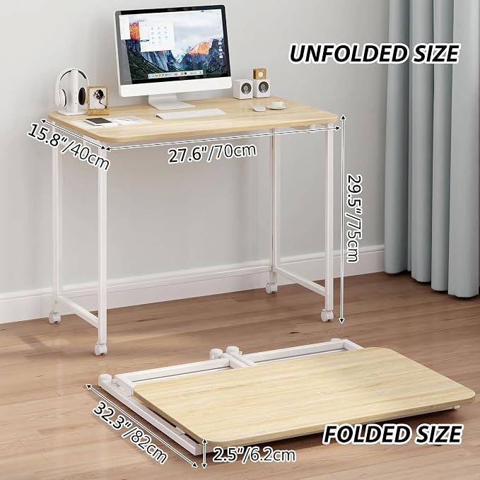 JSB Folding Desk for Small Spaces,Mobile Portable Rolling Laptop PC Table on Wheels,Foldable Computer Desk for Home Office,Bedroom,Dorm,Space Saving (Natural & White, 27.6")
